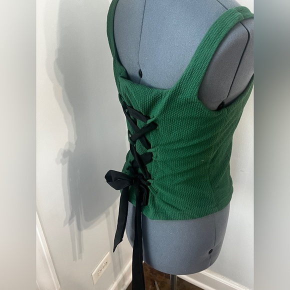 Anthropologie Maeve Sz M Kelly Green Corset Tie-Back Textured Tank Top Side Zip - Picture 9 of 16